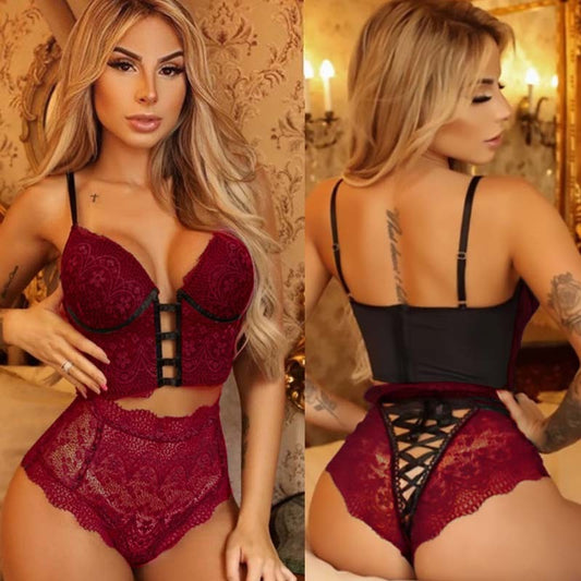 Two-Piece Lace Bodysuit With Panties And Straps