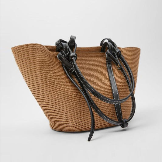 New Color Matching Basket Type Large Capacity Hand Woven Straw Bag Women'S Fashion Seaside Holiday Beach Bag