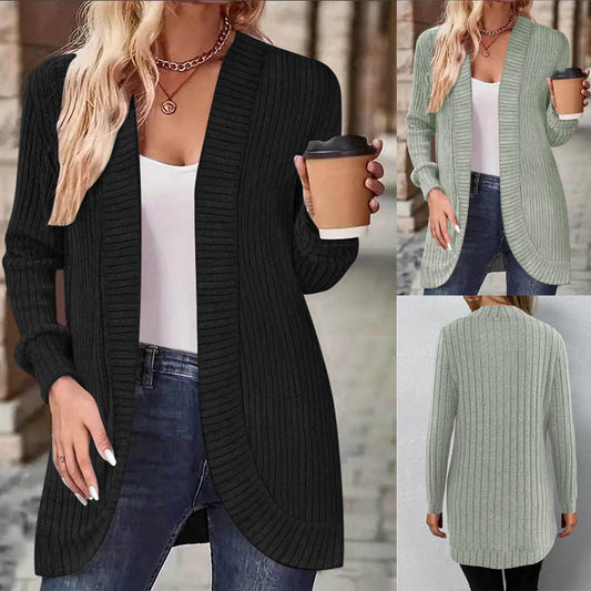 Solid Color Casual Knitted Long Sleeve Cardigan Coat